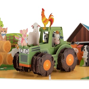 Cardology - Tarjeta desplegable de animales de granja - Tarjetas de cumpleaños para niños, tarjeta de primer cumpleaños, tarjeta de animales de granja con tractor - Hecha a mano