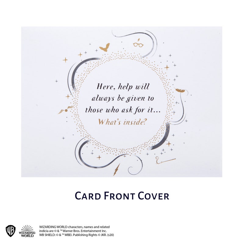 May include: A white rectangular greeting card featuring gold and grey decorative elements including stars, a bird, glasses, and a lightning bolt. The text reads: Here, help will always be given to those who ask for it... What's inside?