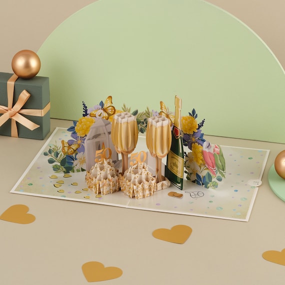 Carte Pop-up 50" En Or Et Blanc - Pour 50e Anniversaire Et Mariage D'or - Cartes 3D Pour Mariage D'or - Carte D'anniversaire Et Carte De Vœux