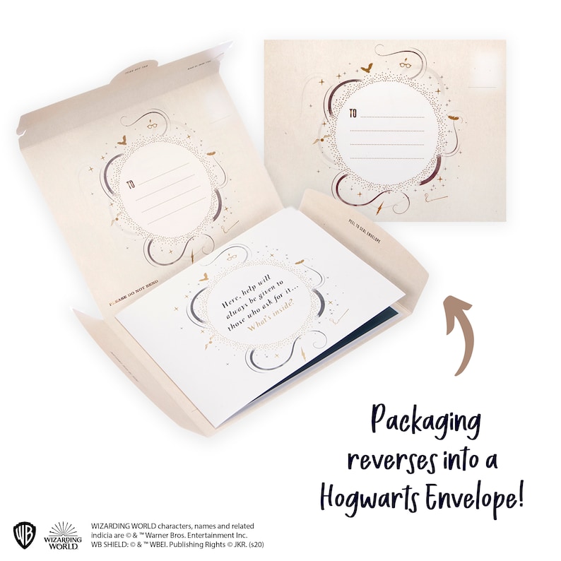 May include: A cream-colored stationery set featuring a foldable envelope and a matching card. The envelope has a circular gold-dotted frame with decorative icons. The card displays the text: Here, help will always be given to those who ask for it.