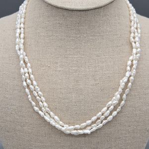Vintage Three Stranded Rice Pearl Necklace With Matching Bracelet