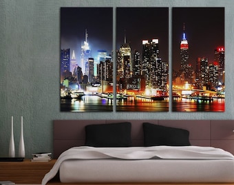 3 Panel Split, New York, Evening aerial view Canvas Print. Triptych of NY city skyline at dusk - for home or office decor & interior design