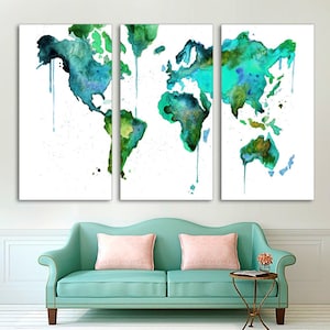 3 Panel Split Abstract World Map Canvas Print,1.5&quot; deep frames,Triptych, Art for home/office wall decor & interior design.