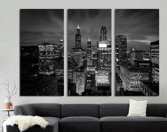 Black & White Beautiful Chicago skyline at night. 3 panel canvas split,  Chicago skyline Canvas Print. 1.5" deep frames. wall art room decor
