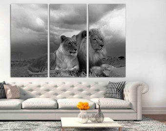 3 Panel Canvas Split, black and white African Lion and Lioness pair resting, canvas art,Interior design,Decoration, Photo gift,Lion wall art