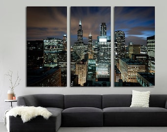 Beautiful Chicago skyline at night. 3 panel split (triptych) Canvas Print. 1.5" deep frames. Great for interior room decor