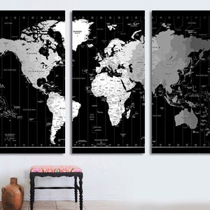 May include: A black and white world map print with time zones, divided into three panels. The map is printed on canvas and is ready to hang.