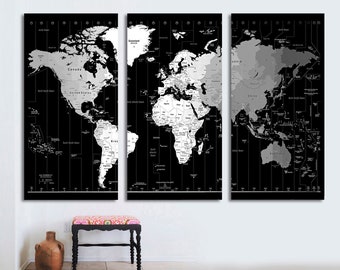 World Timezone map Wall Art Canvas Print, deep frames,Triptych, watercolor effect Map, for home, office wall decor interior design, Wall Art