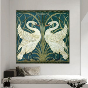 Impresión artística de cisnes Art Nouveau, diseño de Walter Crane, arte de pared de pájaros vintage, pintura de cisnes, pájaros antiguos, impresión en lienzo de espadañas lista para colgar.
