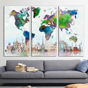 3 Panel Canvas World Map and World Wonders, The World Map Nursery Art, Large World Map Art for Wall, Colorful Map Art, CANVAS Ready to Hang.