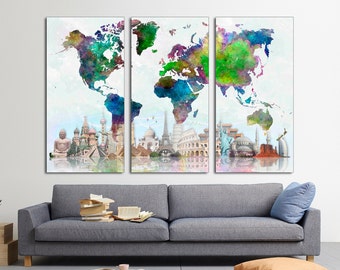 3 Panel World Map Canvas Art Print, World Wonders, Ready to Hang