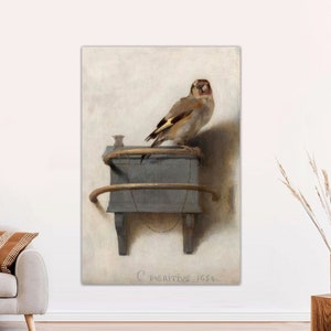 Carel Fabritius - El jilguero (1654) - Póster impreso en lienzo de pintura clásica, regalo de jilguero, arte animal, arte de pájaros, lienzo listo para colgar.