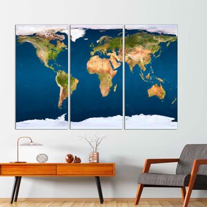 3-Panel Split World Map Canvas Print, The World Satellite Map Wall Decor World Map Art Print, Unique Gift for Office VANVAS Ready to Hang.