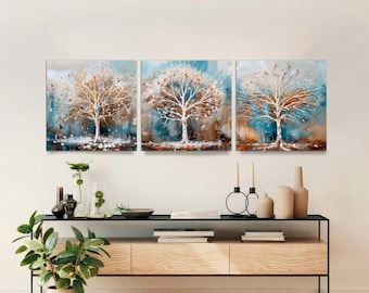 Teal Tree Canvas Art, Blue Forest Landscape Painting, Set of 3