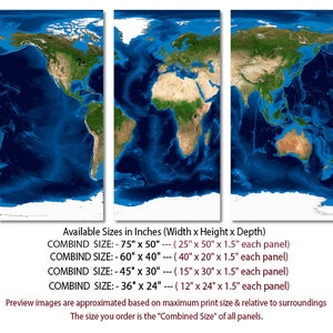 3 Panel Split, World Map From Space Canvas Print,1.5