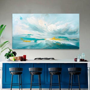 Abstract Canvas Wall Art - Large Modern Teal Blue & White Ocean Oil Painting, Living Room Decor, Ready to Hang, Nautical Print, Coastal Art.