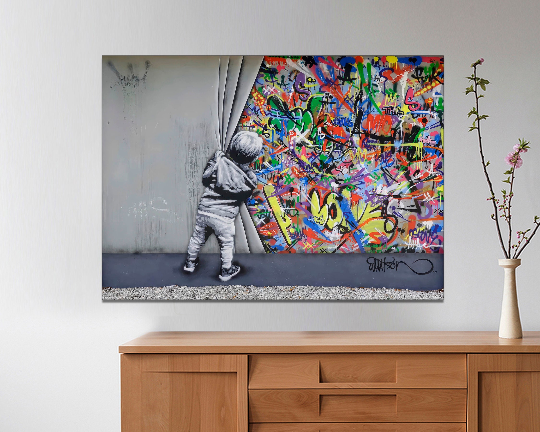 Banksy Behind the Curtain Canvas Print, Graffiti Art, Ready to