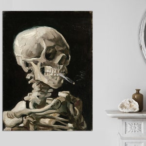 May include: A painting of a human skeleton with a cigarette in its mouth. The skull is facing to the right and the skeleton is in a dark background.
