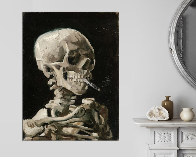 May include: A painting of a human skeleton with a cigarette in its mouth. The skull is facing to the right and the skeleton is in a dark background.