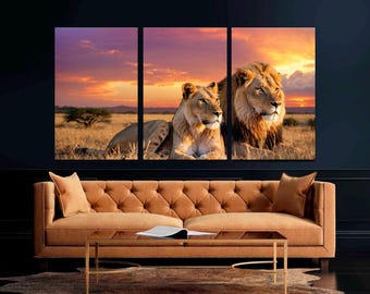 Lion Sunset Canvas Wall Art | African Safari 3-Panel Decor