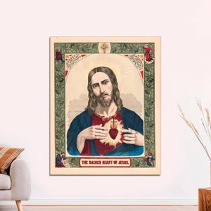 Jesus Sacred Heart, Divine Mercy Christian Art, Roman Catholic Canvas Print, Vintage Jesus Wall Art,   Religious CANVAS Art Ready to Hang.