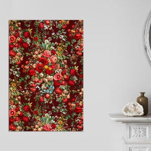 Poppies and Peonies Chintz Art Print, Mixed Blooms Victorian Textile Pattern, Floral Wall Art, Giclee Wall Decor,Maximalist Art Canvas Print