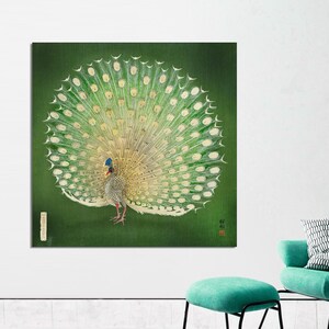 Ohara Koson, Peacock art Print, Japanese White Peacock Art, Woodblock Art, Emerald Green, Elegant  Ethereal Bird art, CANVAS Ready to Hang.