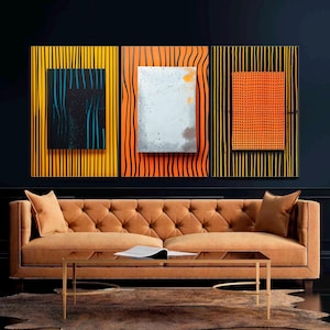 Mid Century Modern Canvas Wall Art Set of 3, Geometric Abstract Canvas, Boho Minimalist Decor in Gray, Orange & Black, Art Ready to Hang.