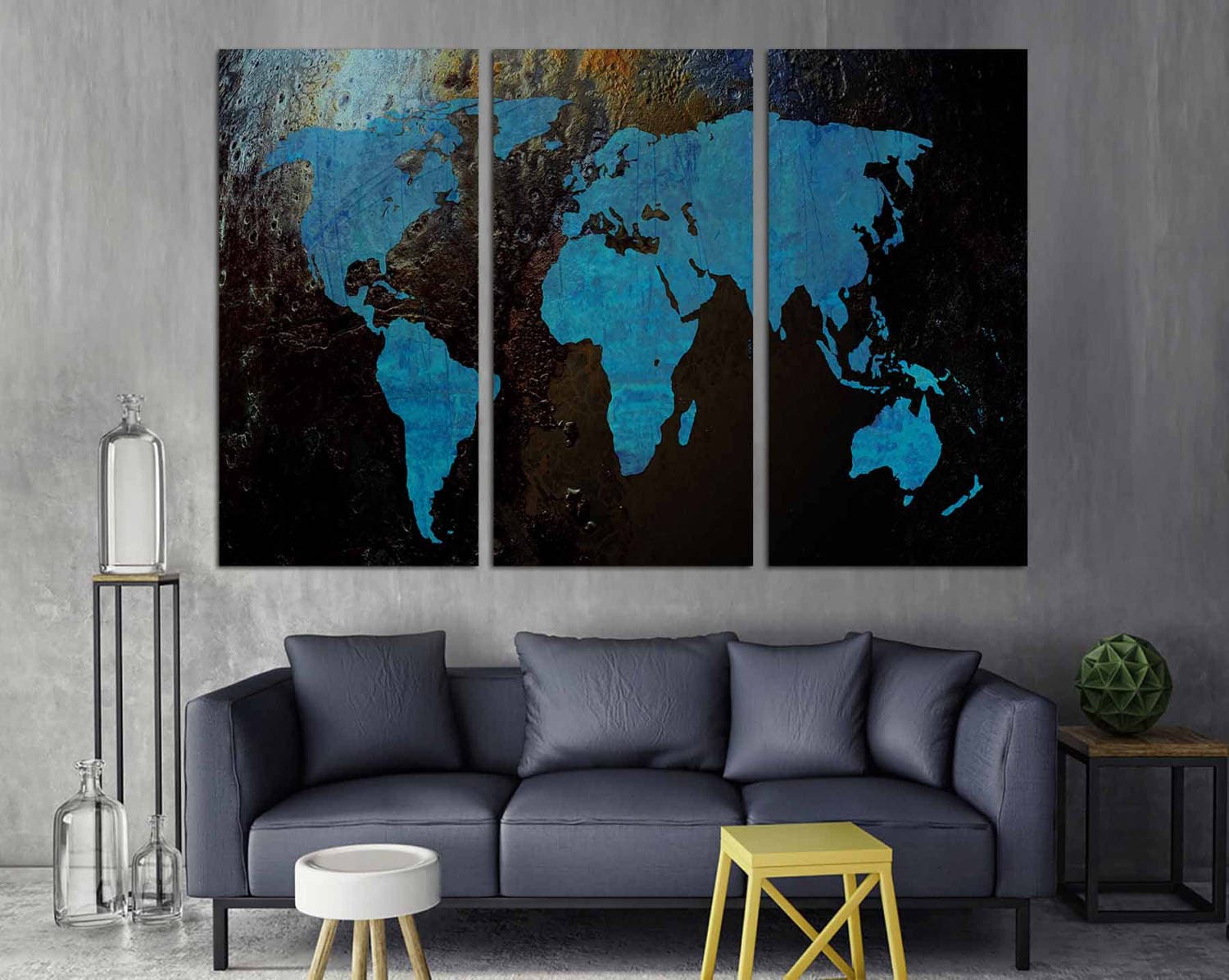 Turquoise World Map Canvas Print, Abstract Triptych Wall Art - Etsy