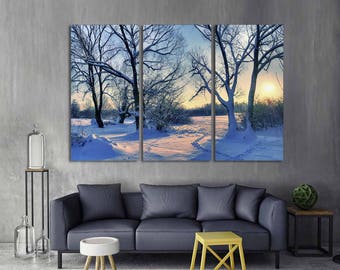 3 Panel Split  canvas Winter Sunset Wall Art Canvas Print. Winter forest, snow wall art, winter art, home decor, interior design, wall art