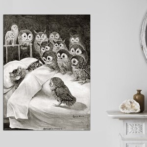 May include: A black and white illustration of a cat having a nightmare with a group of owls surrounding its bed. The text "Cats Nightmare" is at the bottom of the image.
