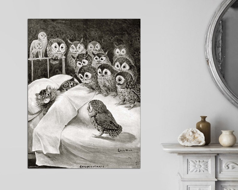 May include: A black and white illustration of a cat having a nightmare with a group of owls surrounding its bed. The text "Cats Nightmare" is at the bottom of the image.