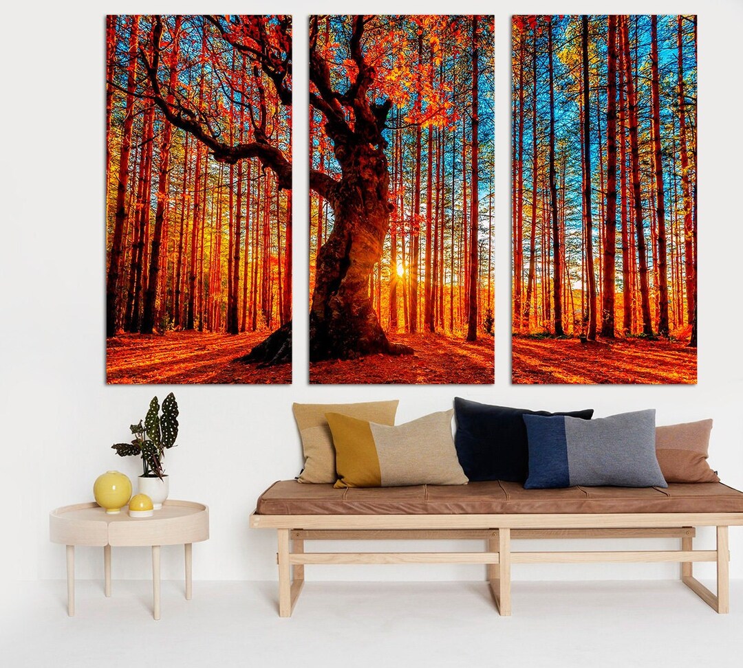 Red Leaves Forest, Forest Art, Canvas Print Wall Art. 3 Panel Split ...