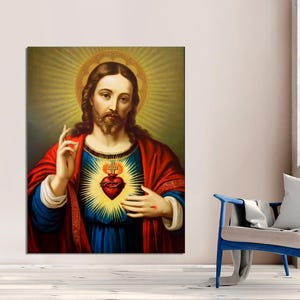Jesus Sacred Heart Divine Mercy Christian Roman Catholic Canvas Art Print Modern Family Bedroom Decor CANVAS, Religious Art Ready to Hang.