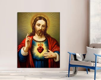 May include: A painting of Jesus Christ with a red and blue robe, holding his heart in his hands. The heart is surrounded by a golden halo and has a cross on top. The background is a golden light.