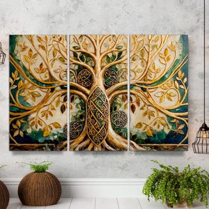 Tree of Life Celtic Knot 3-Panel Canvas Split, Mystical Yggdrasil Wall Art, Gold & Green Spiritual Decor for Home and Meditation Space Art.