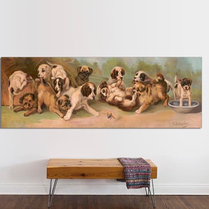May include: A vintage painting of a group of playful puppies in a brown, green, and blue landscape. The puppies are brown, white, and black with floppy ears and wagging tails. One puppy is in a bowl of water.