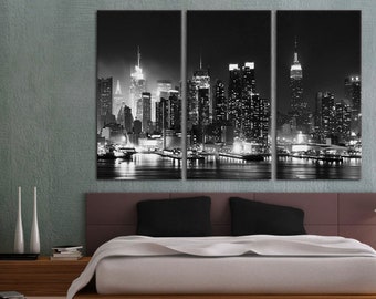 New York Black & White 3 Panel canvas Split, Evening aerial view Canvas Print. Triptych of NY city skyline at dusk, home or office decor.