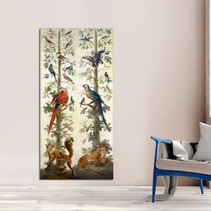Arte decorativo vintage con pájaros, loros, plantas y animales, arte de pared para guardería infantil con pájaros botánicos, arte colorido vertical listo para colgar.