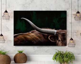 Texas Longhorn Cow Canvas Print, Framed Farmhouse Wall Art