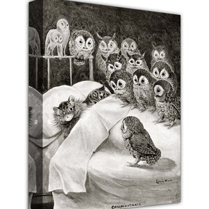 May include: A black and white illustration of a cat's nightmare, featuring a cat hiding under a blanket while a group of owls surround the bed. The text "CATS NIGHTMARE" is printed below the image.