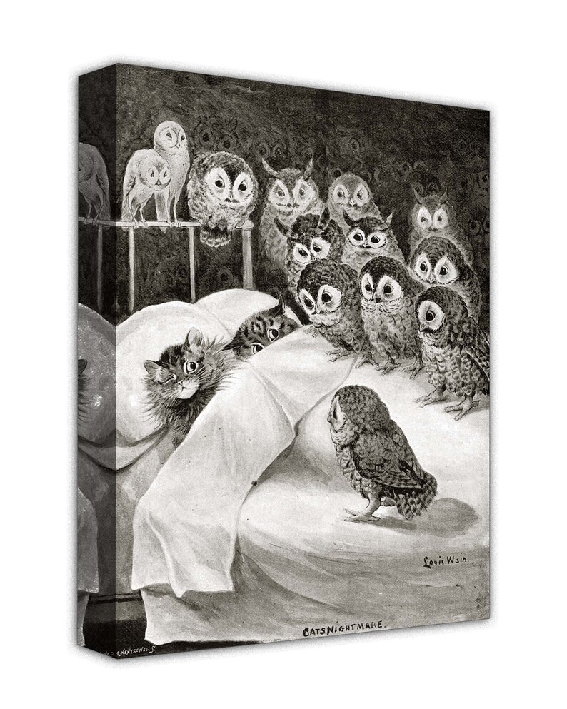 May include: A black and white illustration of a cat's nightmare, featuring a cat hiding under a blanket while a group of owls surround the bed. The text "CATS NIGHTMARE" is printed below the image.