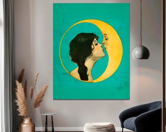 Vintage Woman Kissing Moon Canvas Print, Art Nouveau Ready to Hang