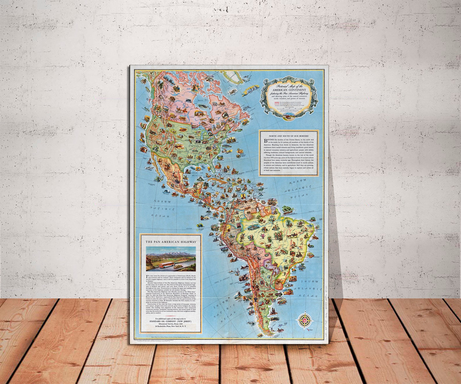 Pan Map Vintage Pan American Highway Map of the Americas, Ready to Hang Canvas ...