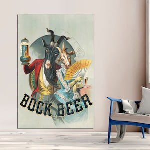 Póster de cerveza Bock, arte publicitario vintage, anuncio de cerveza de estilo antiguo, cabras bebiendo cerveza alemana, divertido arte de decoración de pared impreso en lienzo listo para colgar.