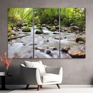 3-Panel Canvas Split, Waterfall with Rocks Photo Print, Landscape River Photo Art Prints, Mountain Scenery Waterfall on CANVAS Ready to Hang
