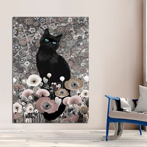 Gustav Klimt Style, Black Cat In A Garden Art Print, Black Cat Wall Art, Cat Art Gift, Home Decor, Living Room art, Canvas Art Ready to Hang