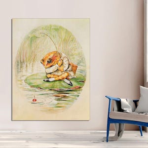May include: A watercolor illustration of a frog sitting on a lily pad and fishing with a rod. The frog is wearing a brown and white shirt and has a red fishing bobber in the water.