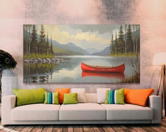 Vintage Red Canoe Lake House Canvas Print, Nautical Wall Decor