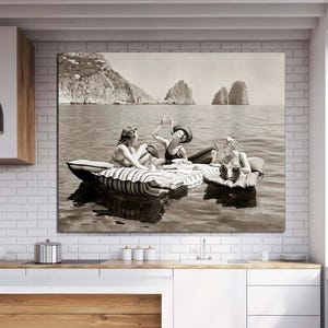 Girls Eating Spaghetti Pasta Raft Vintage Photo Print Kitchen Wall Decor Food Art Amalfi Coast Restaurant Italian Food CANVAS Ready to Hang.